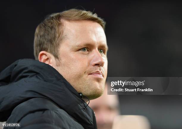 Olaf Rebbe, manager of Wolfsburg looks on during the Bundesliga match between Hannover 96 and VfL Wolfsburg at HDI-Arena on January 28, 2018 in...