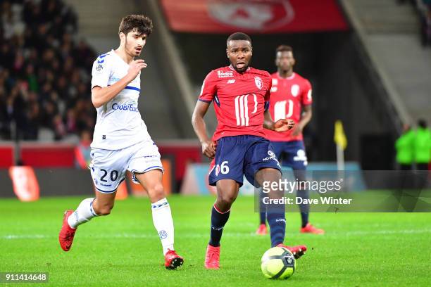 Ibrahim Amadou of Lille and Martin Terrier of Strasbourg during the Ligue 1 match between Lille OSC and Strasbourg at Stade Pierre Mauroy on January...