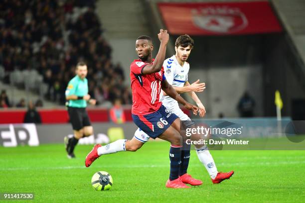 Ibrahim Amadou of Lille and Martin Terrier of Strasbourg during the Ligue 1 match between Lille OSC and Strasbourg at Stade Pierre Mauroy on January...