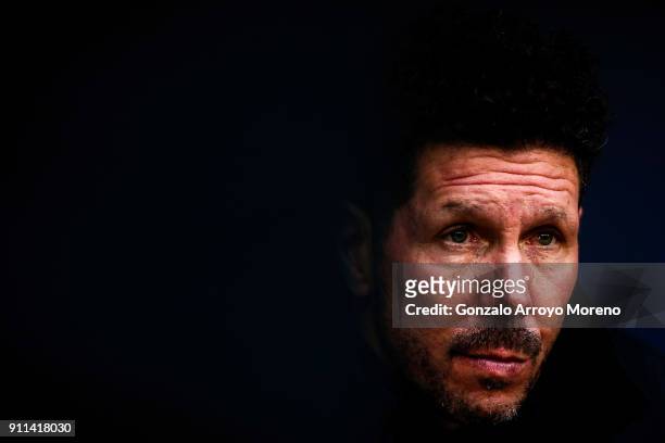 Head coach Diego Pablo Simeone of Atletico de Madrid looks on from the bench prior to start the La Liga match between Club Atletico Madrid and UD Las...