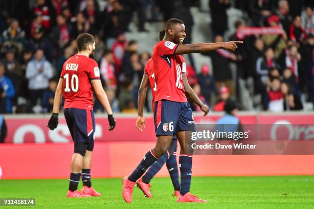 Ibrahim Amadou of Lille celebrates winning the Ligue 1 match between Lille OSC and Strasbourg at Stade Pierre Mauroy on January 28, 2018 in Lille,...