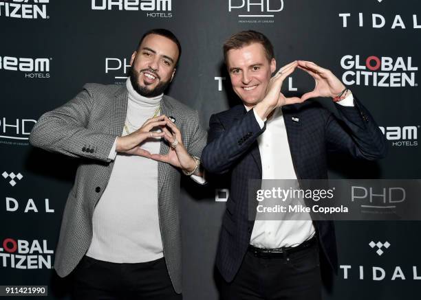 French Montana and Hugh Evans attend a pre-Grammy celebration co-hosted by Global Citizen, Tidal, and French Montana at Ph-D Rooftop Lounge at Dream...