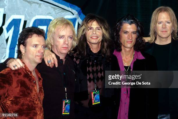 Photo of Tom HAMILTON and AEROSMITH and Brad WHITFORD and Joe PERRY and Joey KRAMER and Steven TYLER; L-R: Joey Kramer, Brad Whitford, Steven Tyler,...