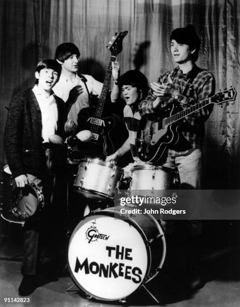 Photo of MONKEES and Davy JONES and Peter TORK and Mickey DOLENZ and Mike NESMITH; Posed group portrait L-R Davy Jones, Peter Tork, Mickey Dolenz and...