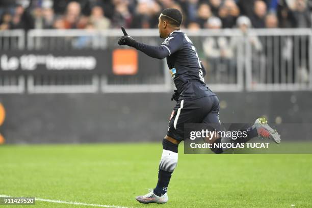 Bordeaux's Brazilian forward Malcom celebrates after scoring a goal during the French L1 football match between Bordeaux and Lyon on January 28 at...