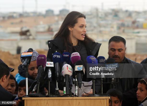Actress and the UN refugee agency UNHCR Special Envoy Angelina Jolie holds a press conference after her visit to Zaatari refugee camp in Mafraq,...