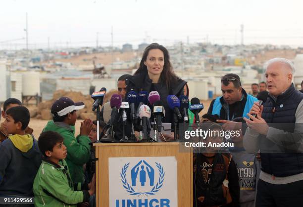 Actress and the UN refugee agency UNHCR Special Envoy Angelina Jolie holds a press conference after her visit to Zaatari refugee camp in Mafraq,...