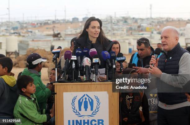 Actress and the UN refugee agency UNHCR Special Envoy Angelina Jolie holds a press conference after her visit to Zaatari refugee camp in Mafraq,...