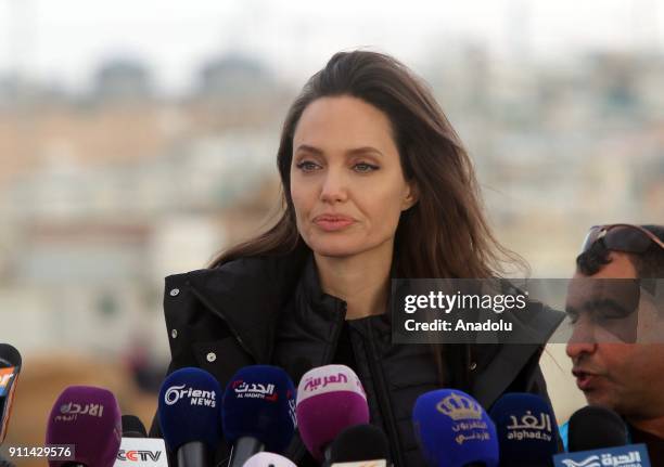 Actress and the UN refugee agency UNHCR Special Envoy Angelina Jolie holds a press conference after her visit to Zaatari refugee camp in Mafraq,...