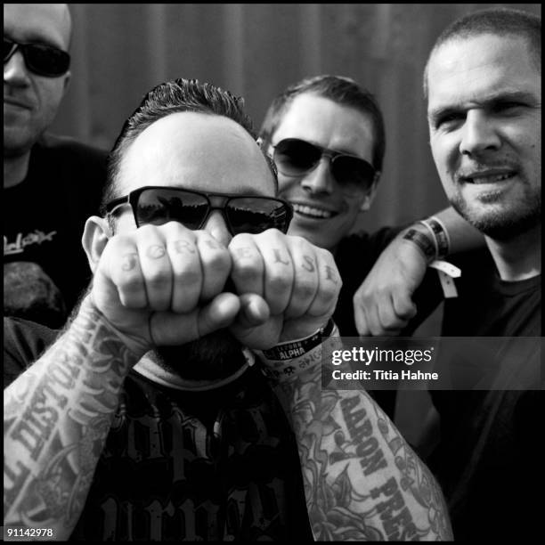 Photo of VOLBEAT and Jon LARSEN and Michael POULSEN and Thomas BREDAHL and Andrers KJOLHOLM, L-R: Jon Larsen, Michael Poulsen, Thomas Bredahl, Anders...