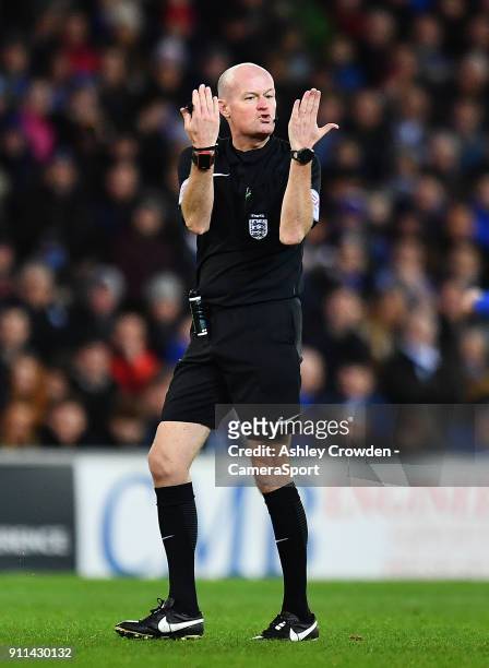 Todays match referee Lee Mason during The Emirates FA Cup Fourth Round match between Cardiff City and Manchester City at Cardiff City Stadium on...