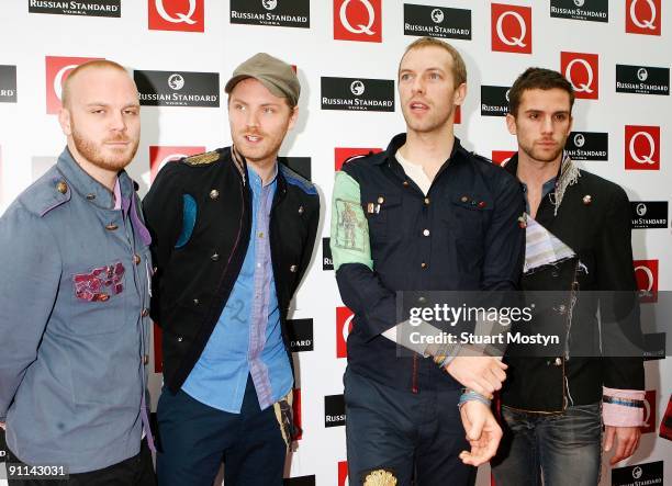 Photo of COLDPLAY and Will CHAMPION and Jonny BUCKLAND and Chris MARTIN and Guy BERRYMAN, Group portrait of Coldplay arriving at the Grosvenor House...