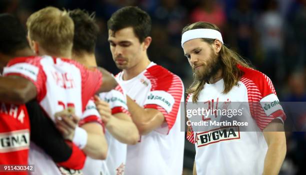 Mikkel Hansen of Denmark looks dejected after the Men's Handball European Championship 3rd place match between France and Denmark at Arena Zagreb on...