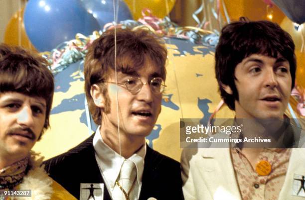 Photo of Paul McCARTNEY and BEATLES and Ringo STARR and John LENNON, L-R. Ringo Starr, John Lennon, Paul McCartney posed at press call for Our World...