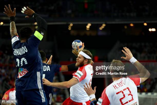 Mikkel Hansen of Denmark in Action during the Men's Handball European Championship 3rd place match between France and Denmark at Arena Zagreb on...