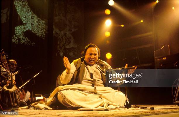 1st FEBRUARY: Pakistani musician Nusrat Fateh Ali Khan performs live on stage on the TV show 'Big World Cafe' in February 1989.