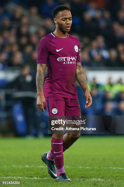 Raheem Sterling of Manchester City look dejected during the Fly Emirates FA Cup Fourth Round match between Cardiff City and Manchester City at the...