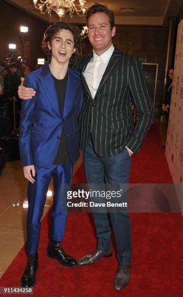 Timothee Chalamet and Armie Hammer attend the London Film Critics' Circle Awards 2018 at The May Fair Hotel on January 28, 2018 in London, England.