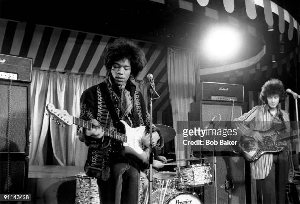 Jimi Hendrix Experience - L-R: Jimi Hendrix, Noel Redding - performing live onstage filming German TV Show 'Beat Club', with Marshall amplifiers...