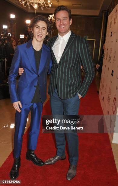 Timothee Chalamet and Armie Hammer attend the London Film Critics' Circle Awards 2018 at The May Fair Hotel on January 28, 2018 in London, England.