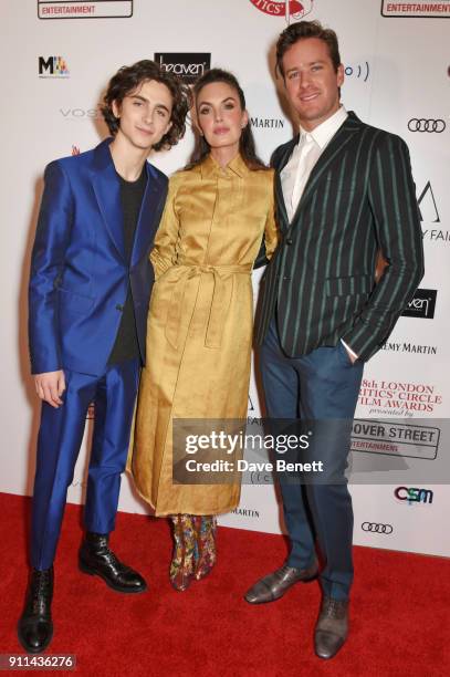 Timothee Chalamet, Elizabeth Chambers and Armie Hammer attend the London Film Critics' Circle Awards 2018 at The May Fair Hotel on January 28, 2018...