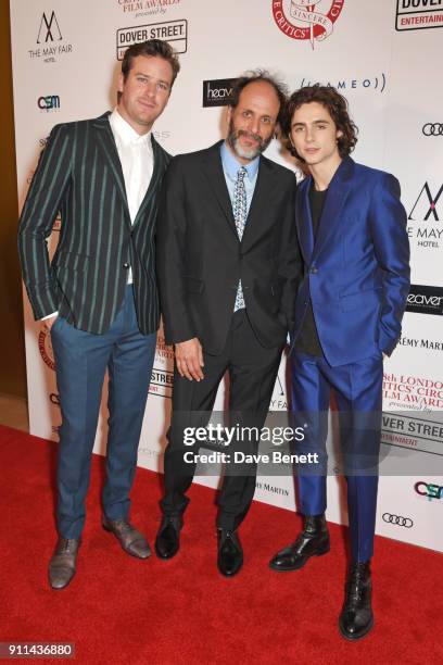 Armie Hammer, Luca Guadagnino and Timothee Chalamet attend the London Film Critics' Circle Awards 2018 at The May Fair Hotel on January 28, 2018 in...