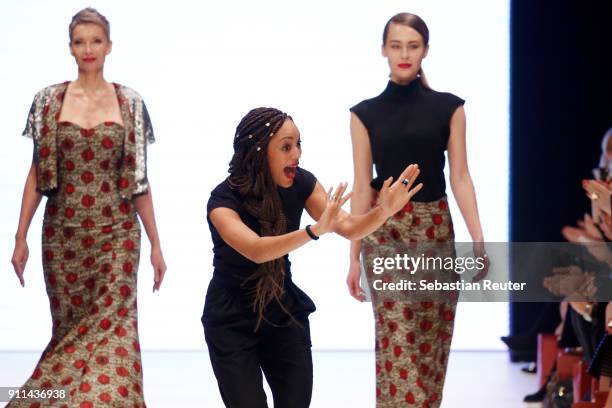 Milka Loff Fernandes acknowledges the applause of the audience after her show cabo by Milka at the 'Platform Fashion Selected' during Platform...