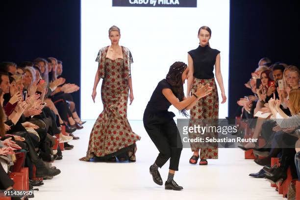 Milka Loff Fernandes acknowledges the applause of the audience after her show cabo by Milka at the 'Platform Fashion Selected' during Platform...