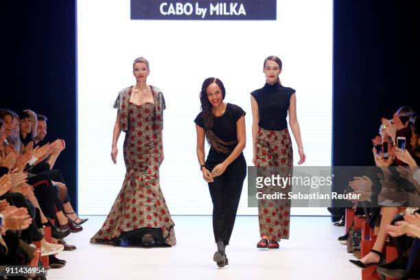 Milka Loff Fernandes acknowledges the applause of the audience after her show cabo by Milka at the 'Platform Fashion Selected' during Platform...