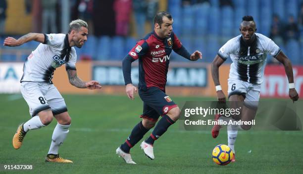 Goran Pandev of Genoa CFC is challenged by Valon Behrami and Seko Fofana of Udinese Calcio during the serie A match between Genoa CFC and Udinese...