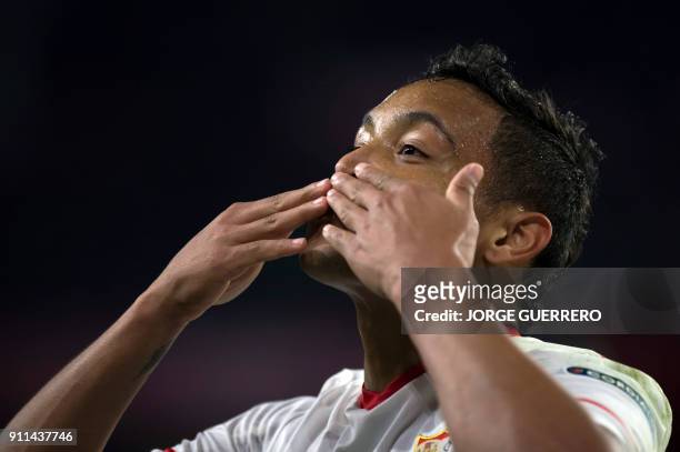 Sevilla's Colombian forward Luis Muriel celebrates a goal during the Spanish league football match between Sevilla FC and Getafe CF at the Ramon...