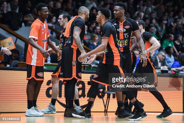Wilfried Yeguete and DJ Stephens of Le mans celebrates during the Pro A match between Nanterre and Le Mans on January 28, 2018 in Nanterre, France.