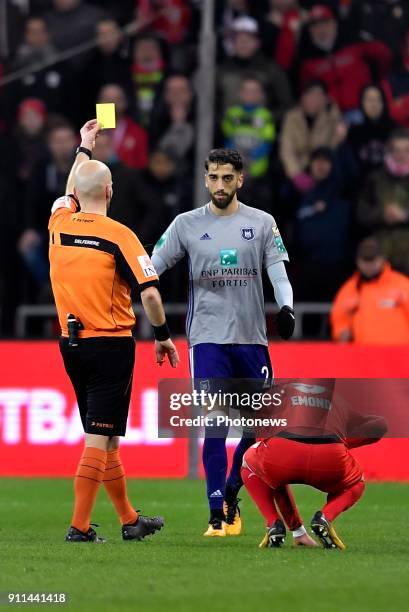 Josue Sa defender of RSC Anderlecht react after receiving a yellow card during the Jupiler Pro League match between Standard Liège and RSC Anderlecht...