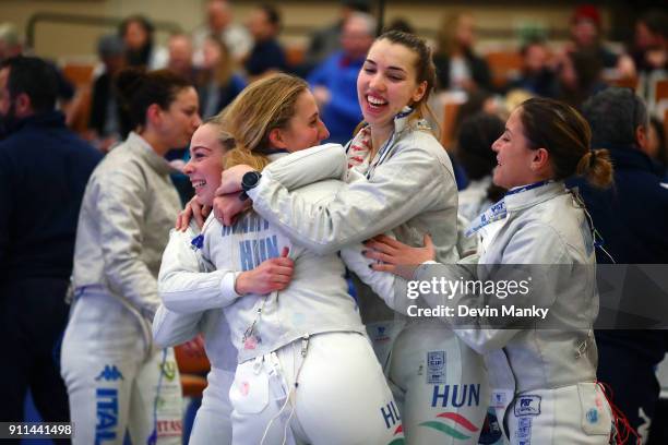 Team Hungary celebrates a quarter-final victory during team competition at the Women's Sabre World Cup on January 28, 2018 at the Baltimore...