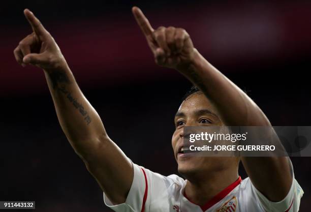 Sevilla's Colombian forward Luis Muriel celebrates a goal during the Spanish league football match between Sevilla FC and Getafe CF at the Ramon...