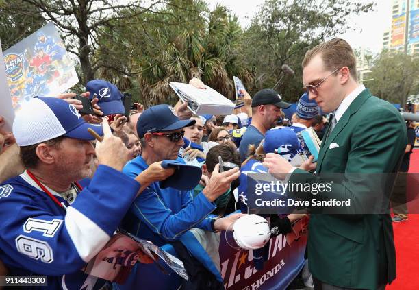 Andrei Vasilevskiy of the Tampa Bay Lightning walks the red carpet prior to playing in the 2018 Honda NHL All-Star Game at Amalie Arena on January...