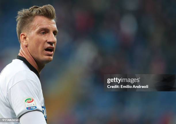 Maxi Lopez of Udinese Calcio looks on during the serie A match between Genoa CFC and Udinese Calcio at Stadio Luigi Ferraris on January 28, 2018 in...