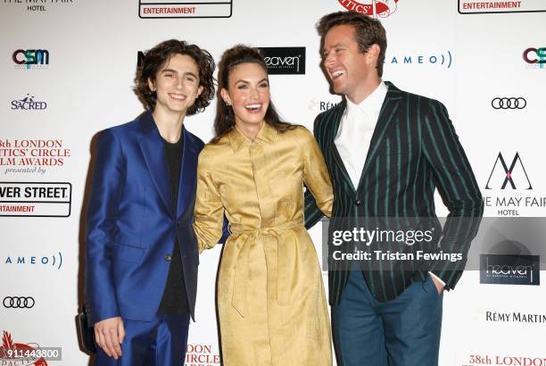 Timothee Chalamet, Elizabeth Chambers and Armie Hammer attend the London Film Critics Circle Awards 2018 at The Mayfair Hotel on January 28, 2018 in...