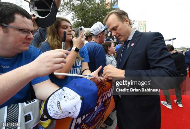 Head coach Jon Cooper of the Tampa Bay Lightning walks the red carpet prior to playing in the 2018 Honda NHL All-Star Game at Amalie Arena on January...