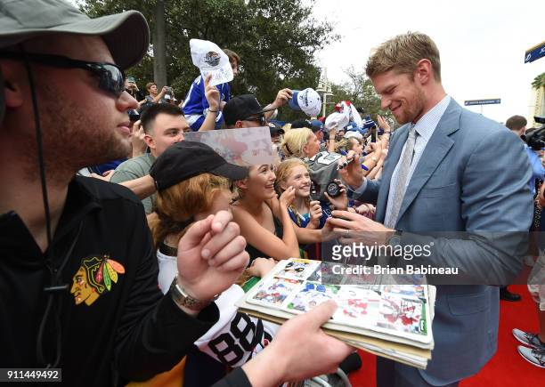 Eric Staal of the Minnesota Wild walks the red carpet prior to playing in the 2018 Honda NHL All-Star Game at Amalie Arena on January 28, 2018 in...