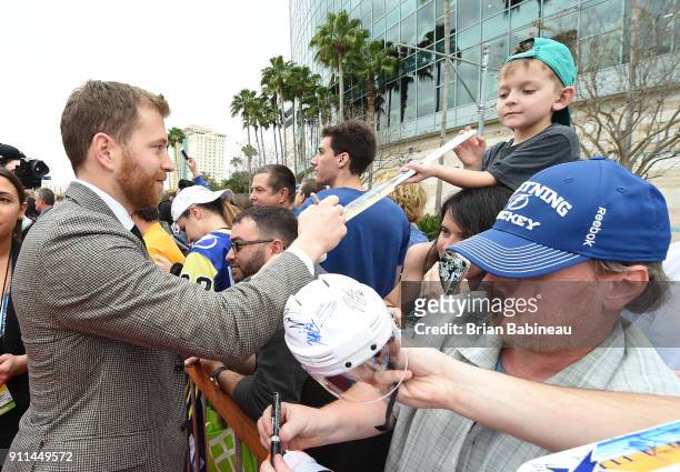 Claude Giroux of the Philadelphia Flyers walks the red carpet prior to playing in the 2018 Honda NHL All-Star Game at Amalie Arena on January 28,...