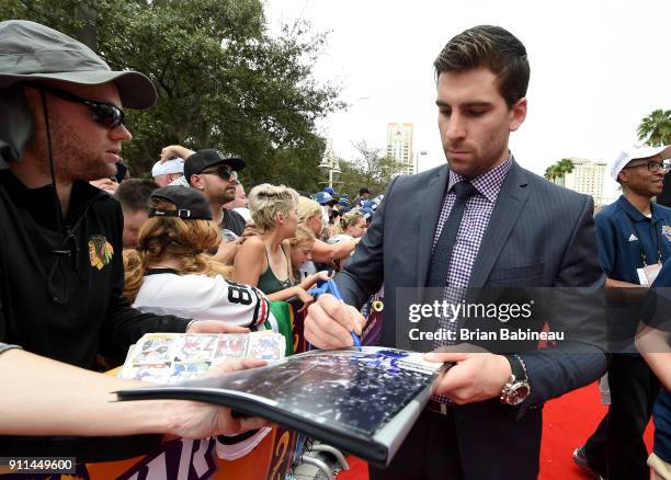 John Tavares of the New York Islanders walks the red carpet prior to playing in the 2018 Honda NHL All-Star Game at Amalie Arena on January 28, 2018...