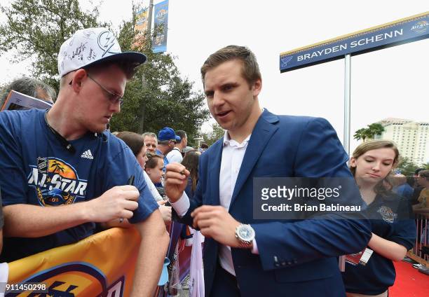 Brayden Schenn of the St Louis Blues walks the red carpet prior to playing in the 2018 Honda NHL All-Star Game at Amalie Arena on January 28, 2018 in...