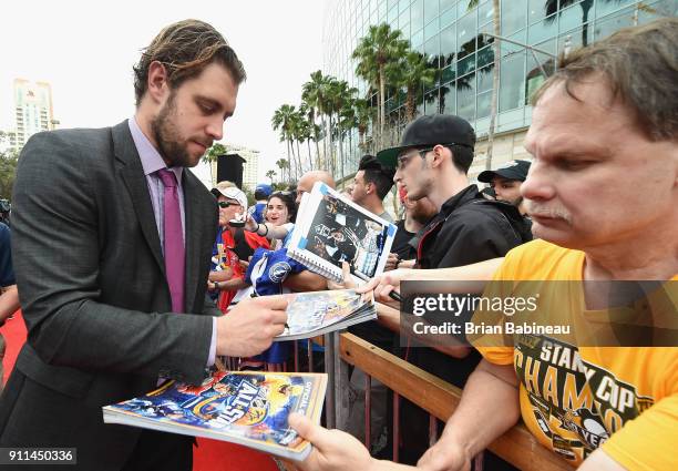 Anze Kopitar of the Los Angeles Kings walks the red carpet prior to playing in the 2018 Honda NHL All-Star Game at Amalie Arena on January 28, 2018...