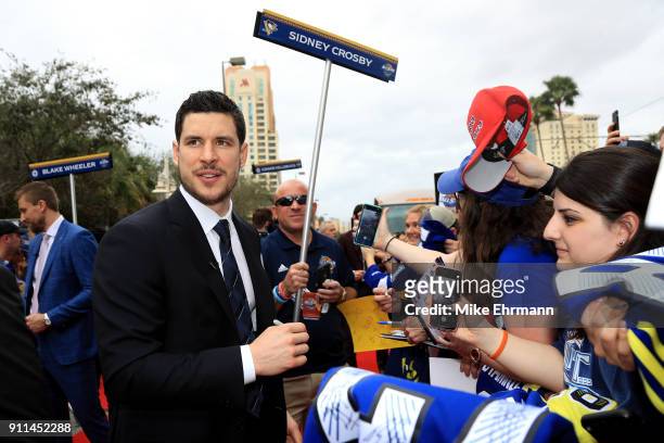 Sidney Crosby of the Pittsburgh Penguins arrives on the red carpet prior to the 2018 Honda NHL All-Star Game at Amalie Arena on January 28, 2018 in...