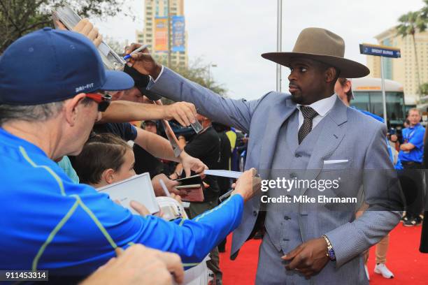 Subban of the Nashville Predators arrives on the red carpet prior to the 2018 Honda NHL All-Star Game at Amalie Arena on January 28, 2018 in Tampa,...