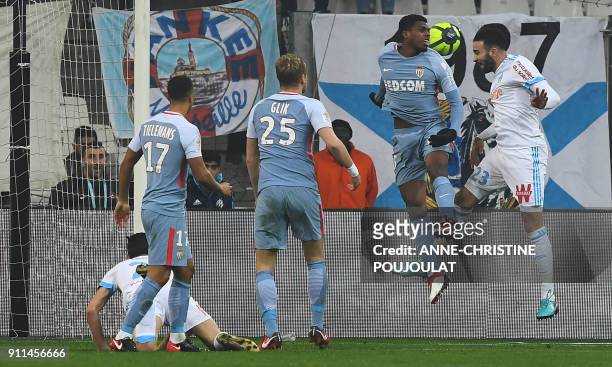 Olympique de Marseille's French defender Adil Rami scores a goal during the French L1 football match Marseille vs Monaco, on January 28, 2018 at the...