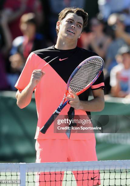 Taylor Fritz reacts after defeating Bradley Klahn in three sets of the finals of the Oracle Challenger Series tournament played on January 28, 2018...