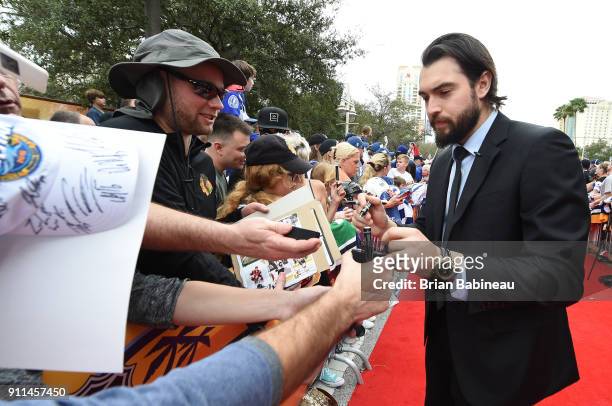 Drew Doughty of the Los Angeles Kings walks the red carpet prior to playing in the 2018 Honda NHL All-Star Game at Amalie Arena on January 28, 2018...