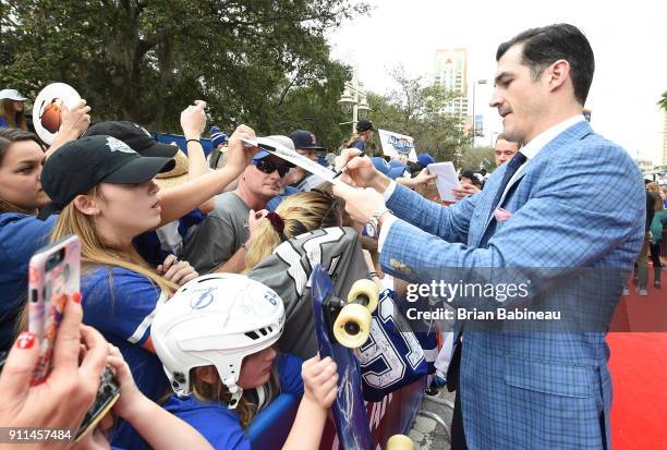 Brian Boyle of the New Jersey Devils walks the red carpet prior to playing in the 2018 Honda NHL All-Star Game at Amalie Arena on January 28, 2018 in...